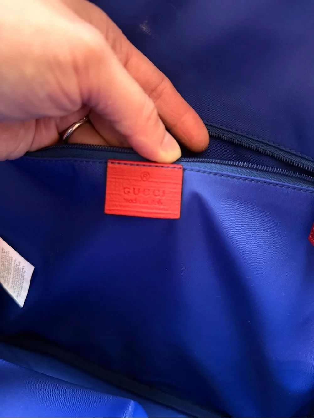 Gucci Blue Leather Backpack with Drip Logo in Yellow and Red